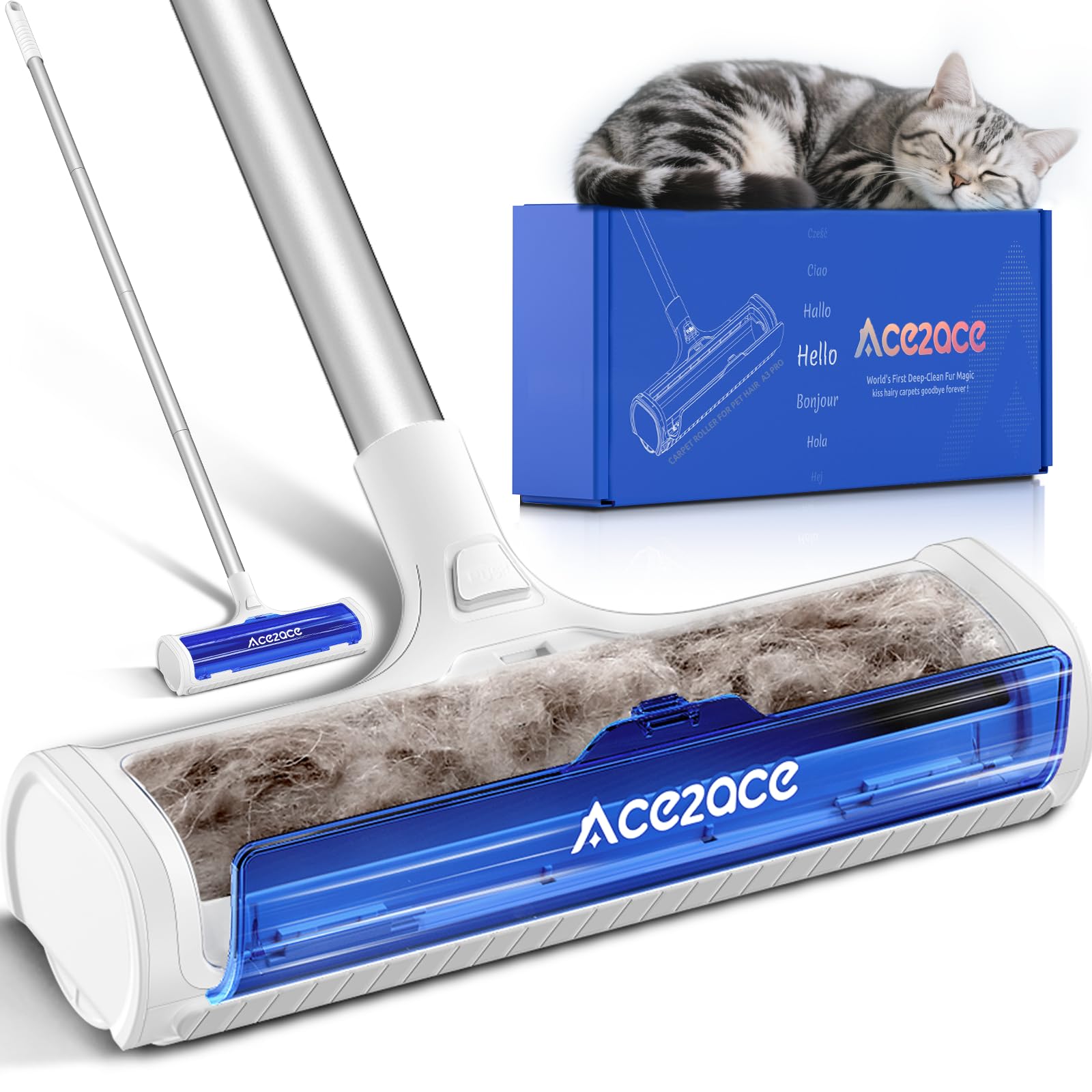 ACE2ACE Tierhaarentferner Teppich mit 1,5 m Griff – Ergonomischer Haarentferner für Hunde & Katzen