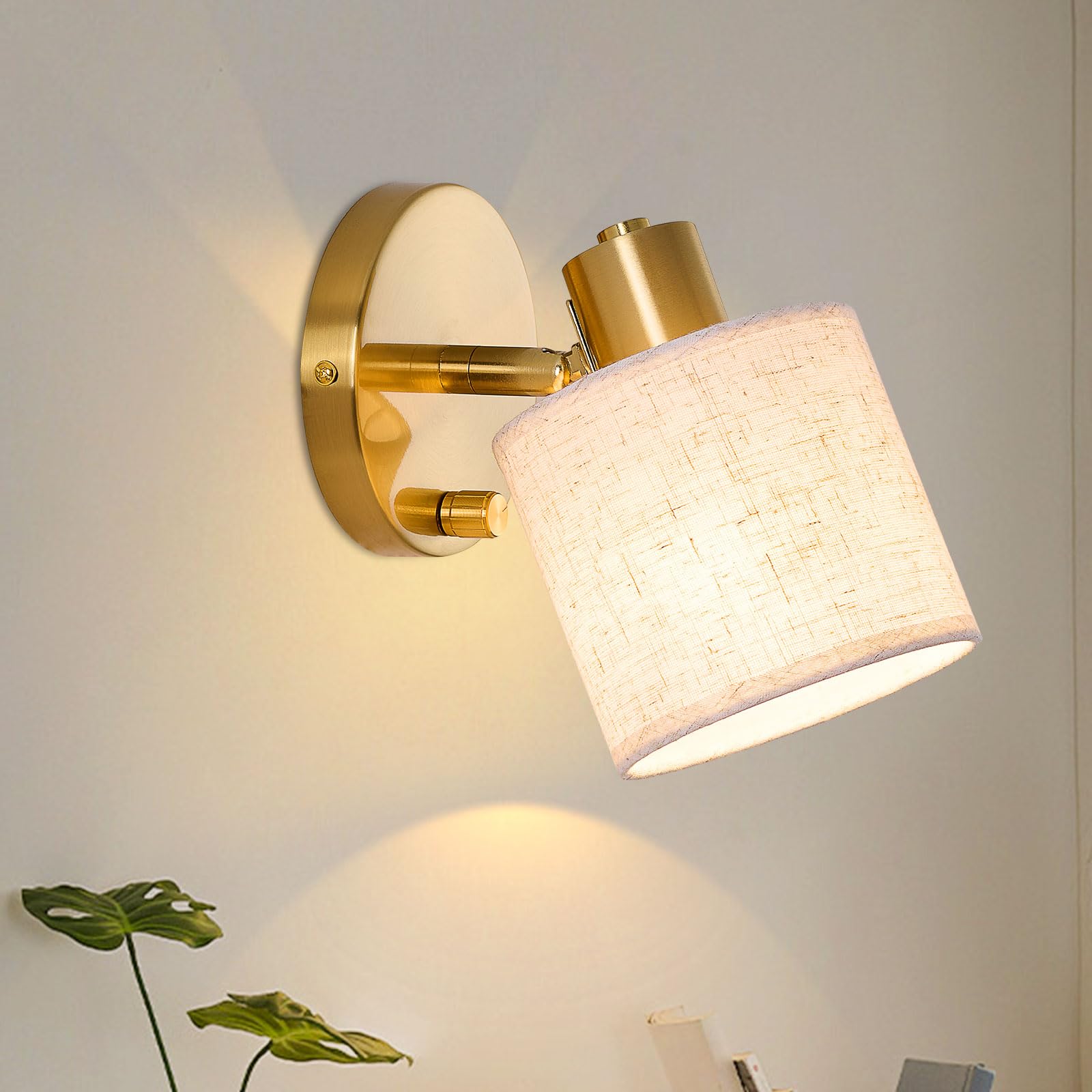 Lightess Wandleuchte Gold mit Dimmschalter – Verstellbar 350° E27 Vintage Leinenschirm