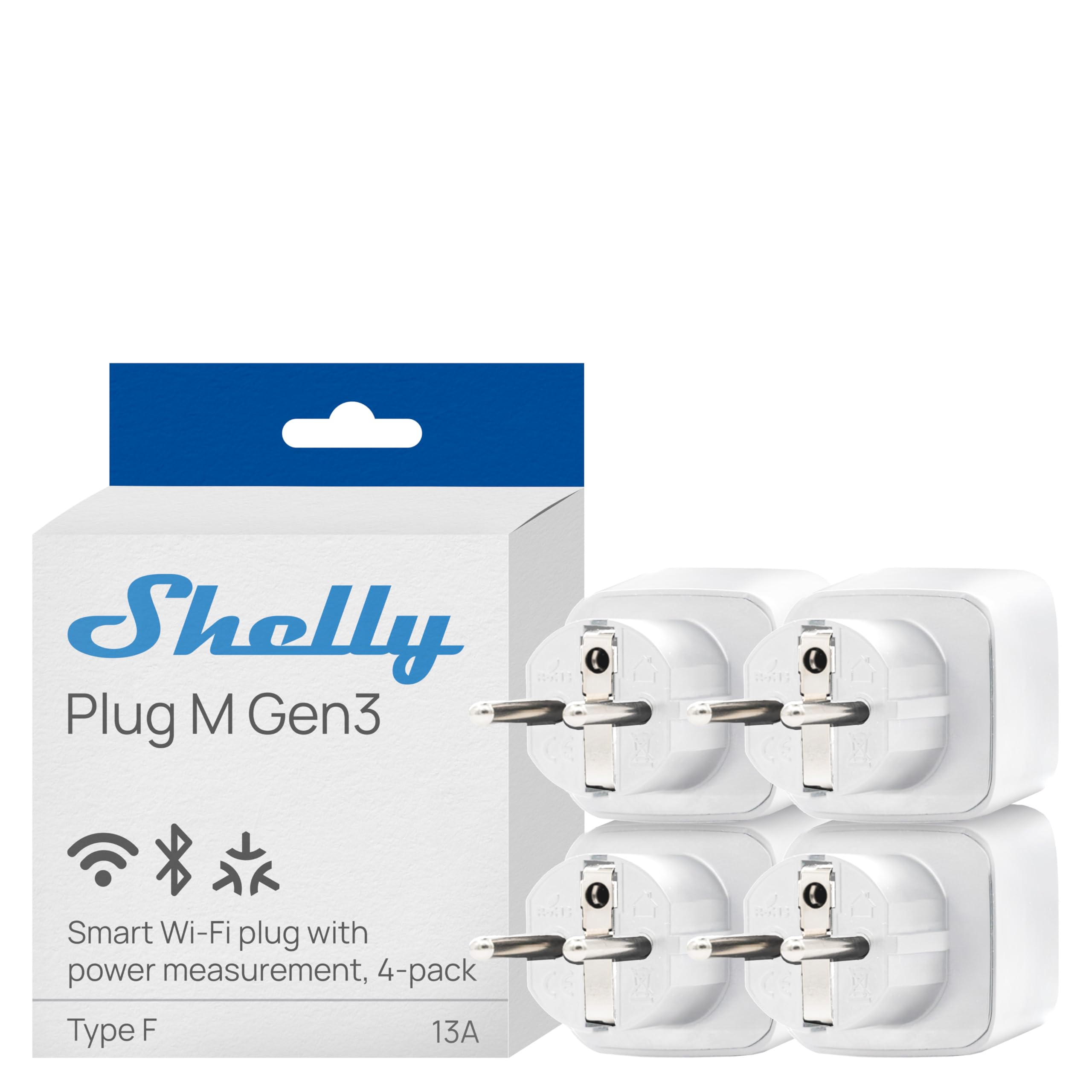 Shelly Plug M Gen3 Weiß – WLAN & Matter Steckdose 13A/3000W, 4er Set