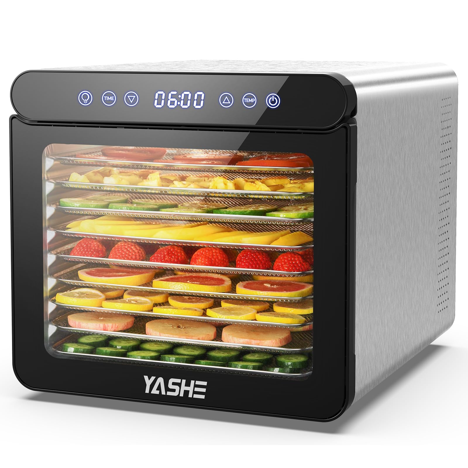 YASHE Edelstahl-Dörrautomat 9 Tabletts – Digitale Temperaturkontrolle & 48h Timer