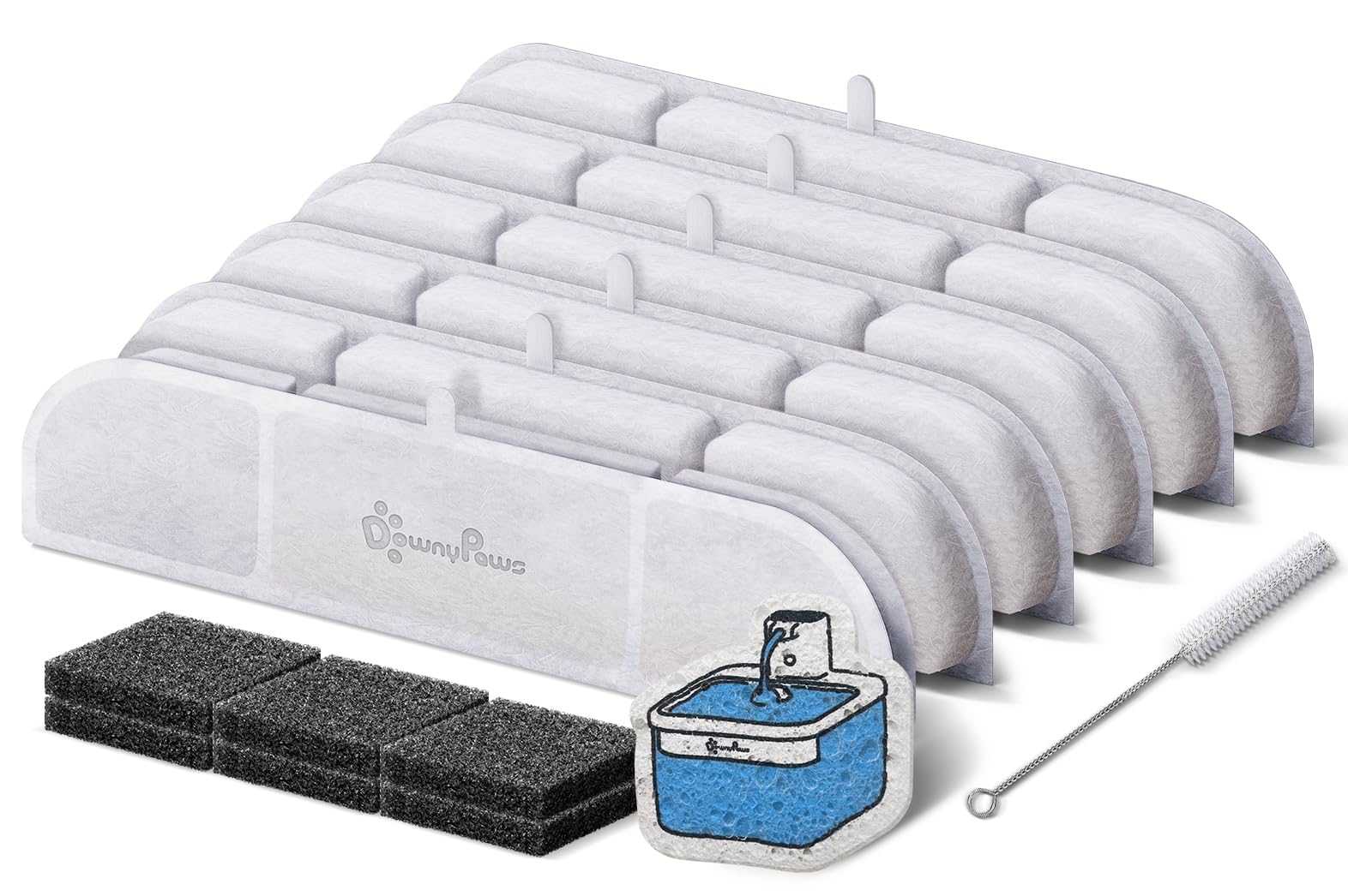 DownyPaws Katzenbrunnen Filter 6er Set – Ersatzfilter für DPWFP6 mit Reinigungszubehör