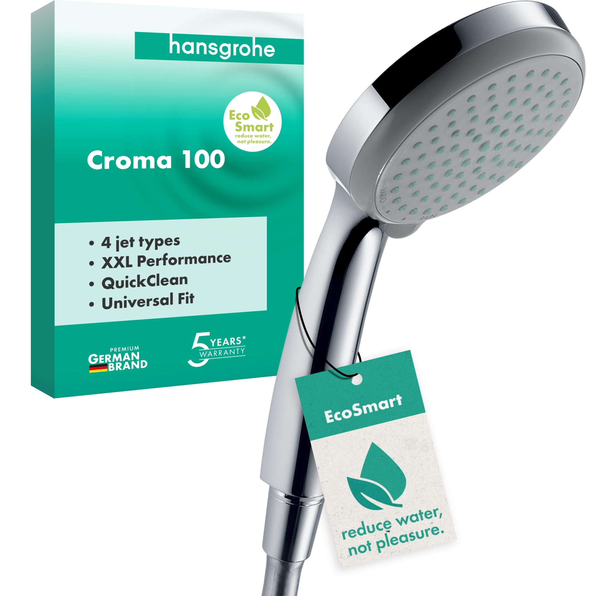 hansgrohe Croma 100 Duschkopf mit 4 Strahlarten – Premium Handbrause mit QuickClean