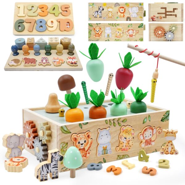 Almaxi 9-in-1 Motorikwürfel Safari – Montessori Holzspielzeug für Kinder ab 1 Jahr