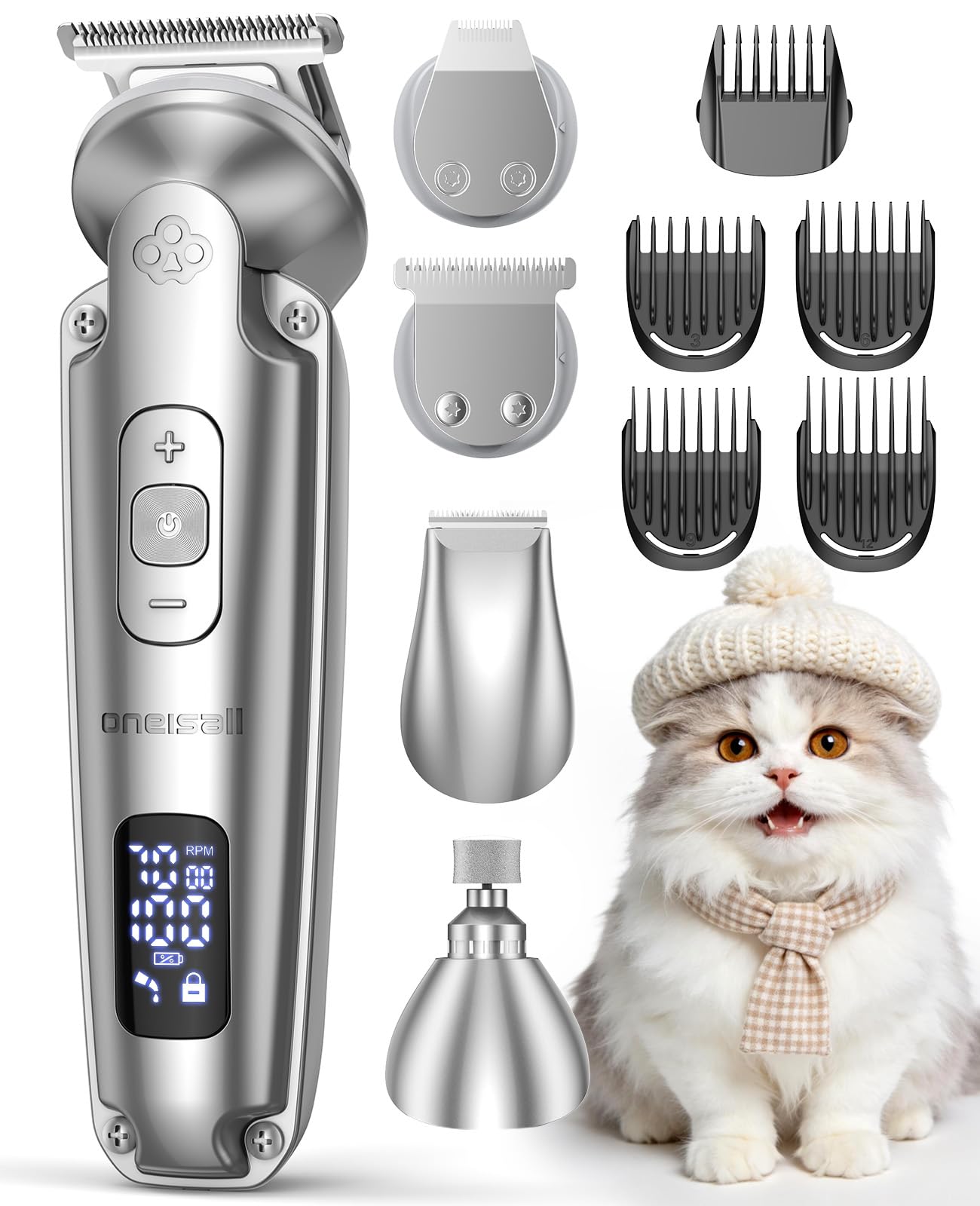 Oneisall 4-in-1 Tierhaarschermaschine – Leise Hundeschermaschine mit LCD & 120min Akku