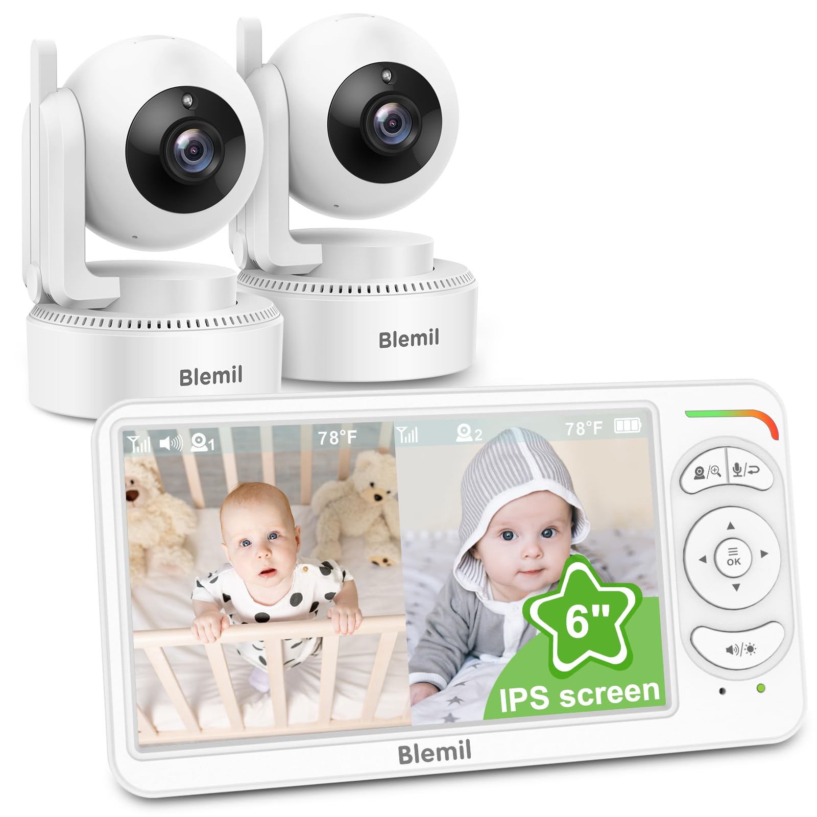 Blemil Video-Babyphone mit Dual-Kamera & 6" IPS Display – Sicheres Babyphon mit 30h Akku