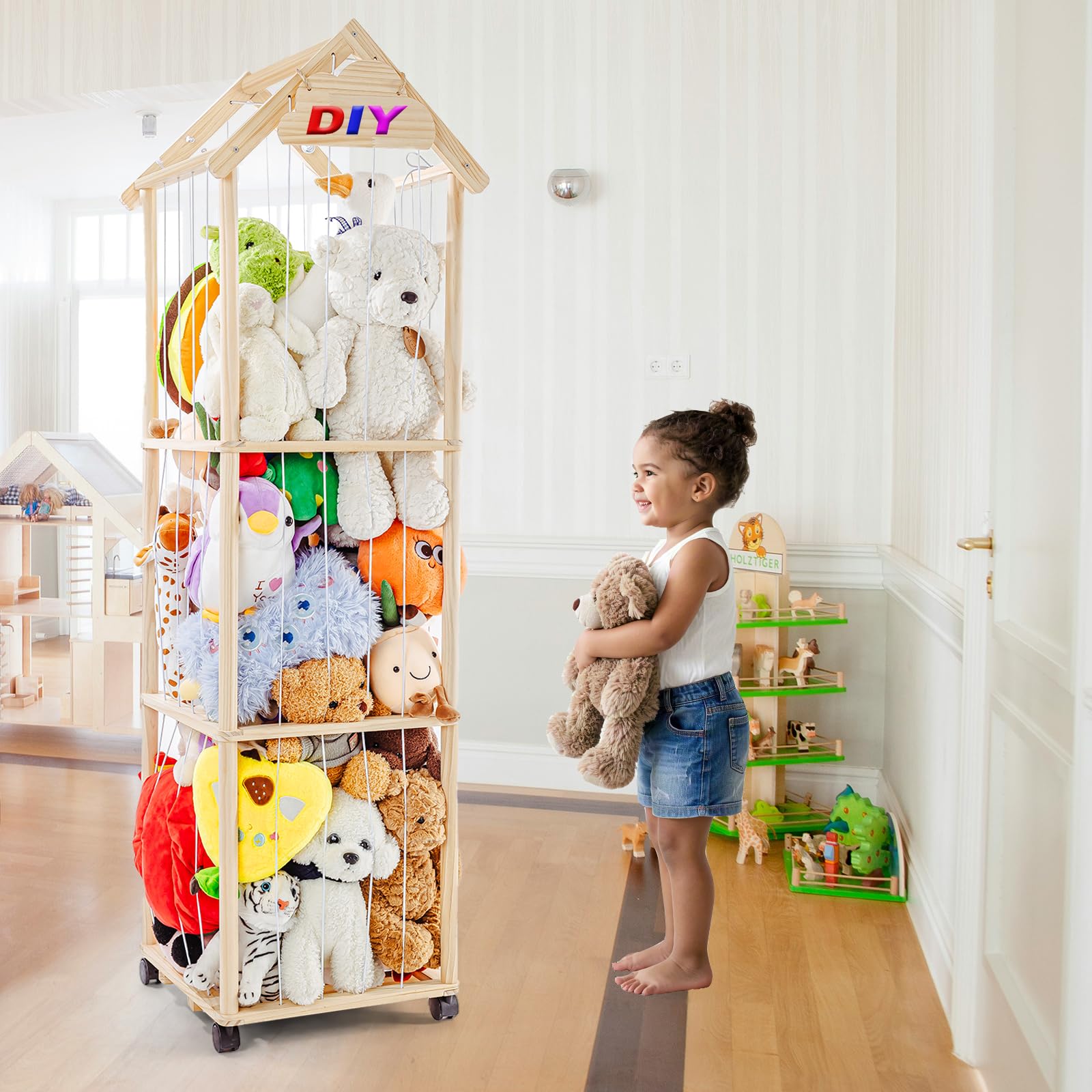 150 cm Plüschtier Aufbewahrung Massivholz mit Bremsenrädern – Kinderzimmer Regal
