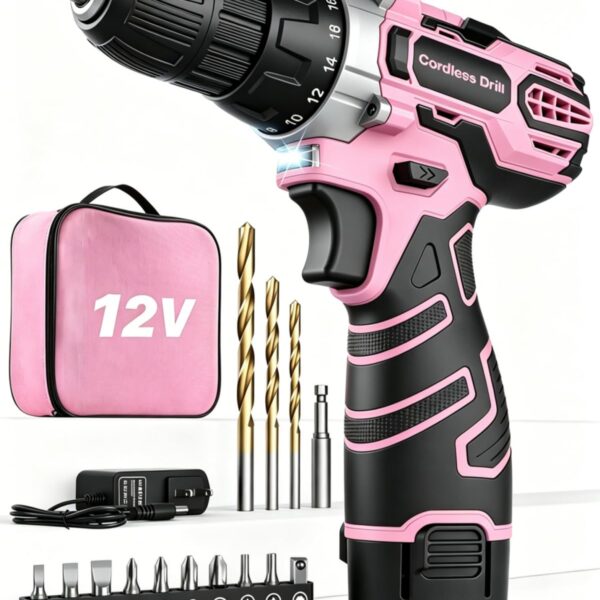 FAHEFANA 12V Akkuschrauber Pink – Bohrschrauber-Set mit 15 Zubehör & Tasche