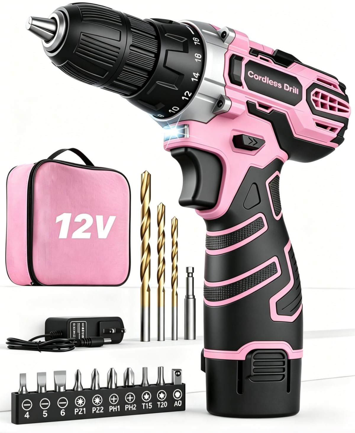 FAHEFANA 12V Akkuschrauber Pink – Bohrschrauber-Set mit 15 Zubehör & Tasche