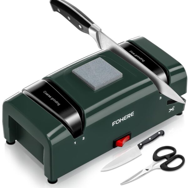 FOHERE Elektrischer Messerschärfer 5 in 1 – Diamant-Schleifmittel & Magnetische Spänesammlung