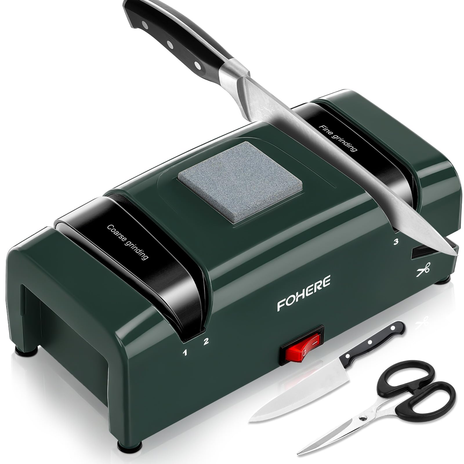 FOHERE Elektrischer Messerschärfer 5 in 1 – Diamant-Schleifmittel & Magnetische Spänesammlung