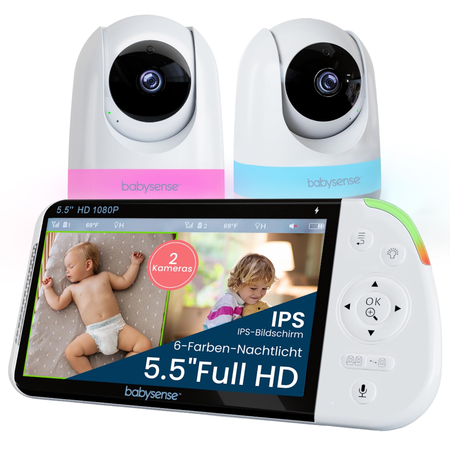 Babysense Full HD Split-Screen-Babyphone mit 2 Kameras – sichere WLAN-freie Überwachung