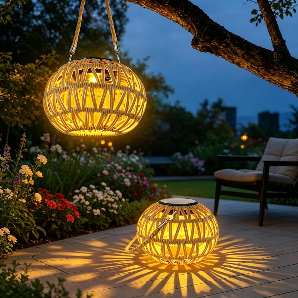 2er Set WRQIOO Rattan Solarleuchten – Handgeflochtene Hängelampen IP65 für Garten & Terrasse