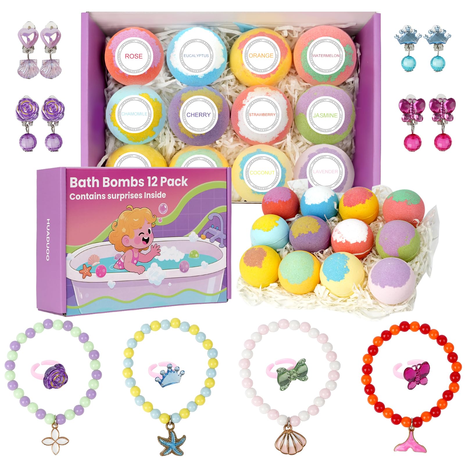 HUADUOO Badebomben Set mit Schmuck – 12 natürliche Badekugeln für Kinder ab 3 Jahren