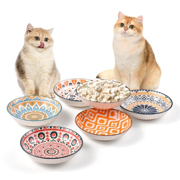 6er Katzen-Napfset Keramik mit Boho-Muster – Flacher Futternapf für Nass- & Trockenfutter