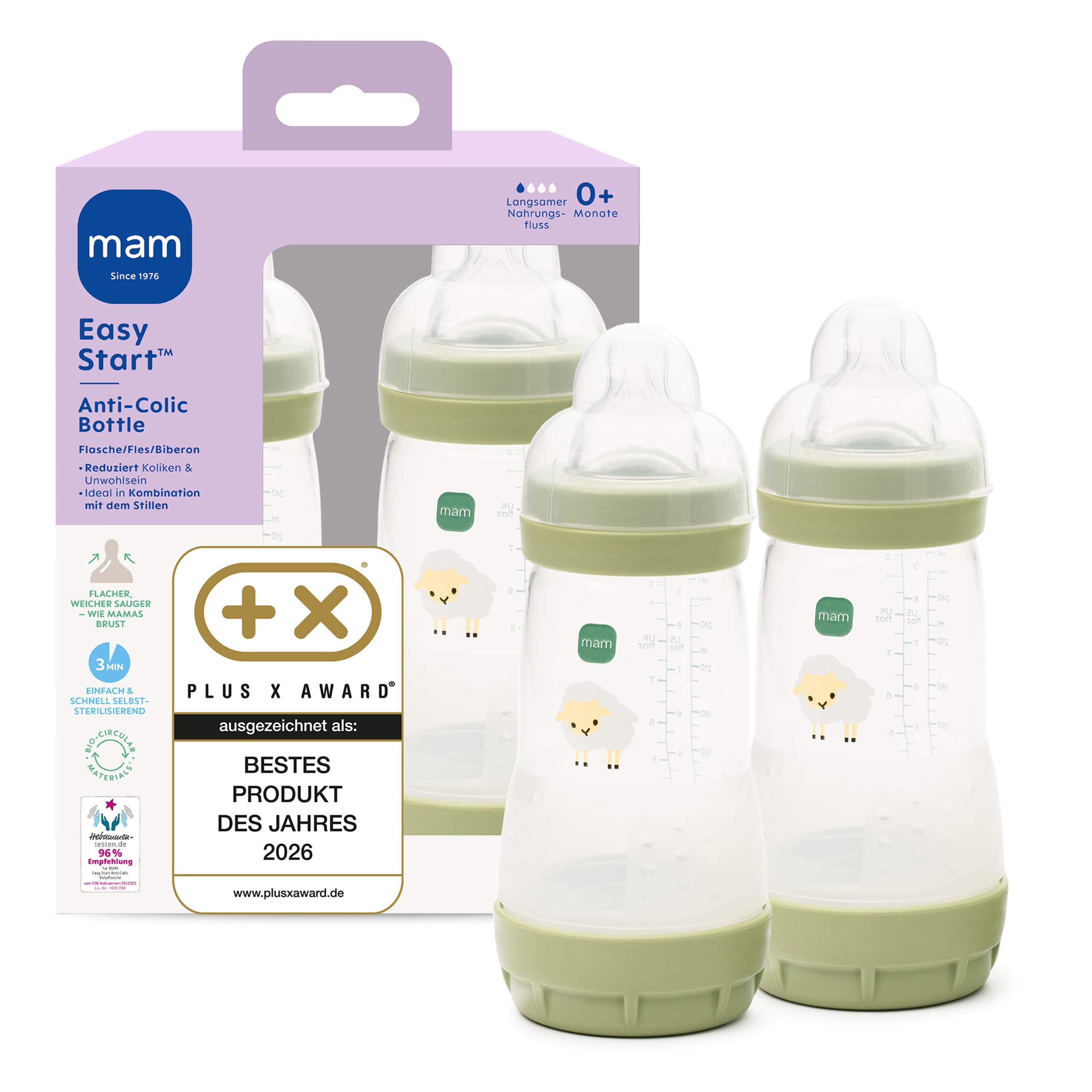 MAM Easy Start Anti-Colic Babyflasche 2x 260 ml – Brustähnlicher Sauger für Neugeborene ab Geburt