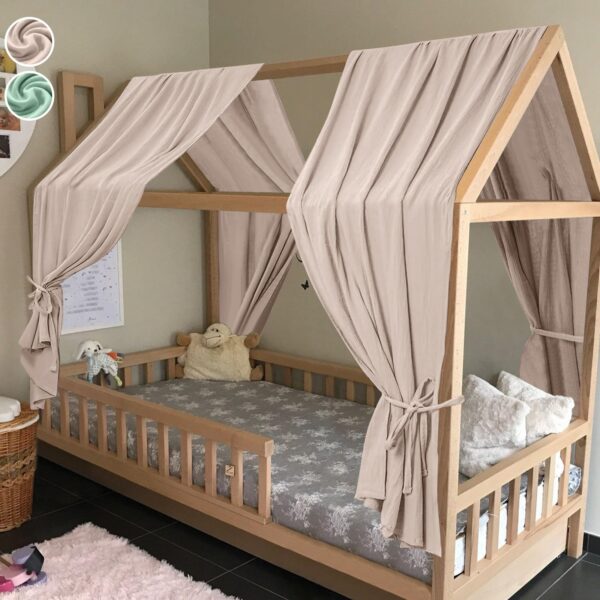 HOTUT Hausbett Himmel 62x270cm aus 100% Baumwolle Musselin – Betthimmel Set für Kinderbett