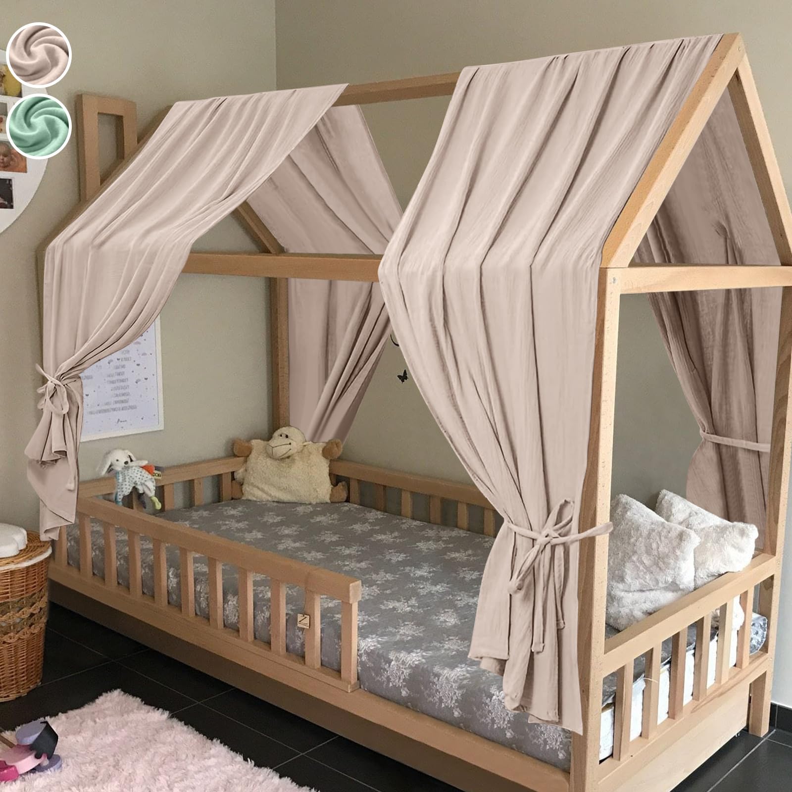 HOTUT Hausbett Himmel 62x270cm aus 100% Baumwolle Musselin – Betthimmel Set für Kinderbett