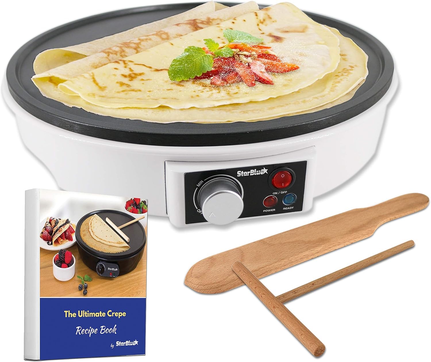 StarBlue Crêpe-Maker 30,5 cm mit Holzspatel & Rezept-E-Book – Elektrischer Pfannkuchenbereiter