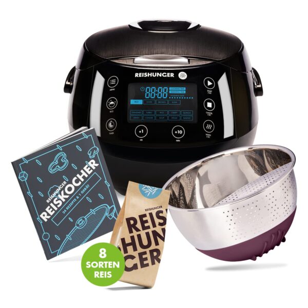 Reishunger Digitaler Reiskocher Starter Set Schwarz – 12 Kochmodi mit Zubehör