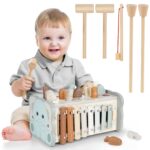 DINORUN 4-in-1 Montessori Holzspielzeug ab 1 Jahr – Motorikspielzeug mit Xylophon