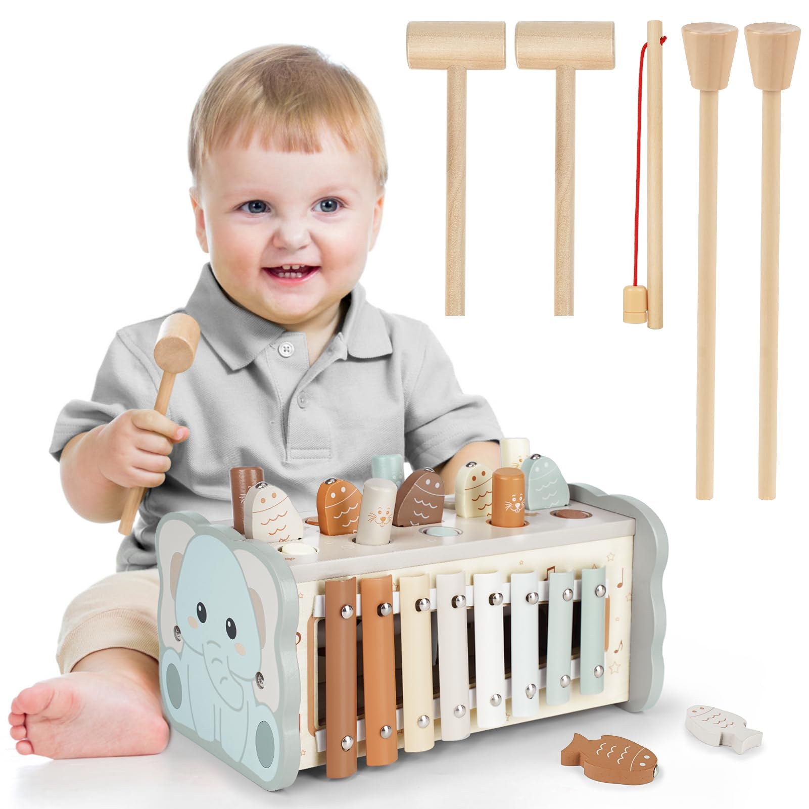 DINORUN 4-in-1 Montessori Holzspielzeug ab 1 Jahr – Motorikspielzeug mit Xylophon