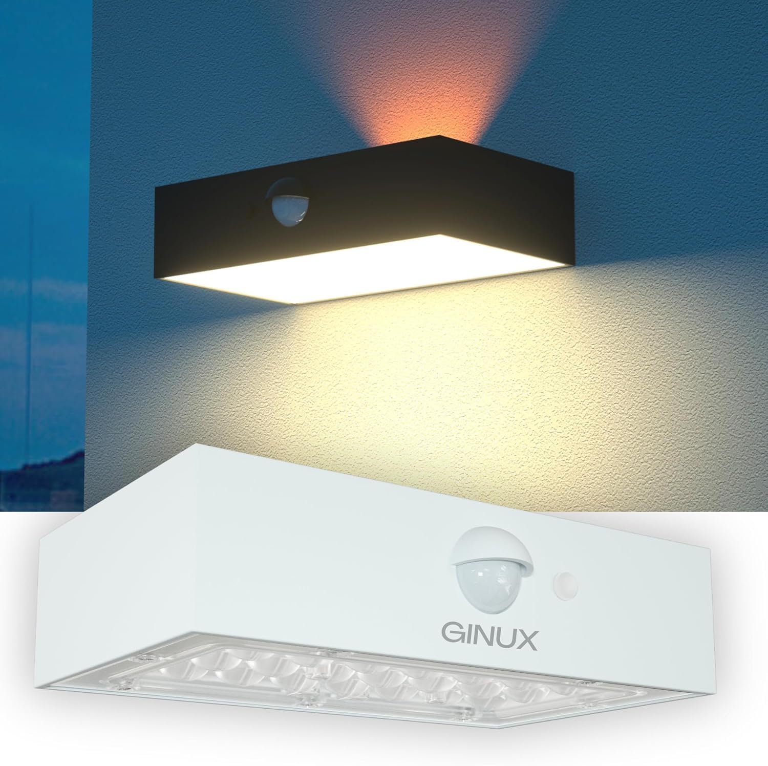 GINUX Solar Wandleuchte mit Bewegungsmelder 350 Lumen – IP65 Ausssenleuchte für Garten & Terrasse