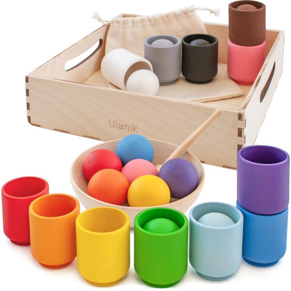 Ulanik Holz-Sortierset mit 12 Kugeln & Bechern – Montessori Spielzeug ab 1 Jahr