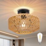 AmazeFun Boho Deckenleuchte Ø30cm mit Rattan Lampenschirm – E27 Vintage Deckenlampe