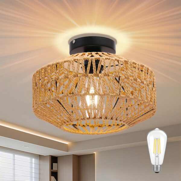 AmazeFun Boho Deckenleuchte Ø30cm mit Rattan Lampenschirm – E27 Vintage Deckenlampe