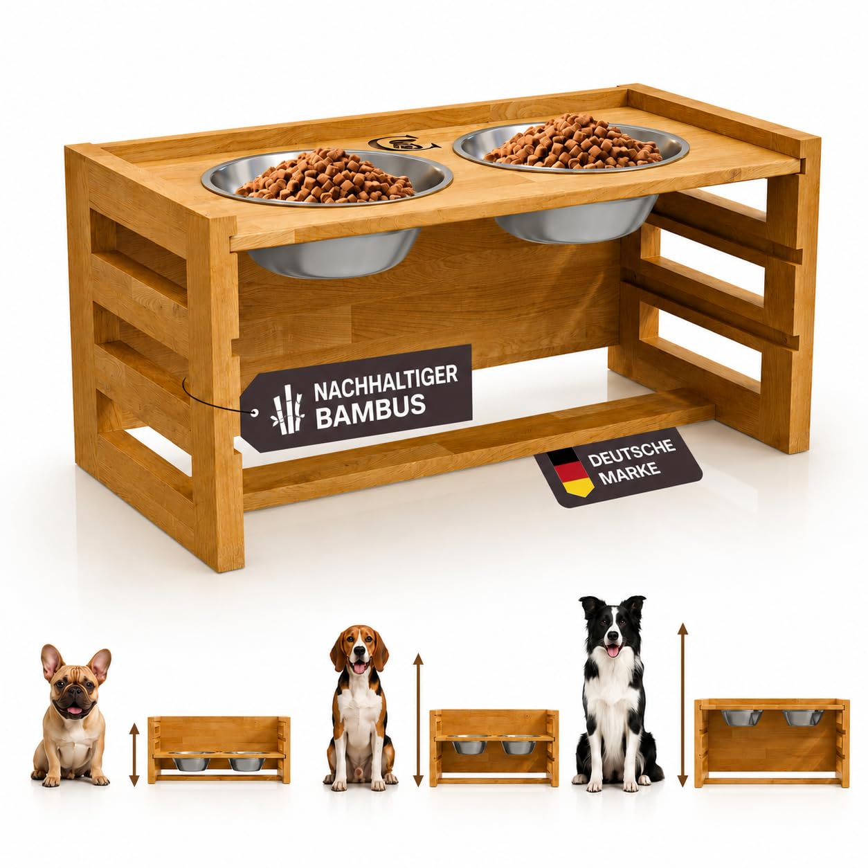 CANIMO Hundenapf erhöht – Ergonomische Futterstation mit Edelstahlnäpfen für Hunde bis 25 kg