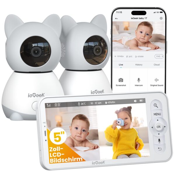 ieGeek 2K Babyphone mit 2 Kameras & 5" Display – WLAN Nachtsicht & Bewegungserkennung