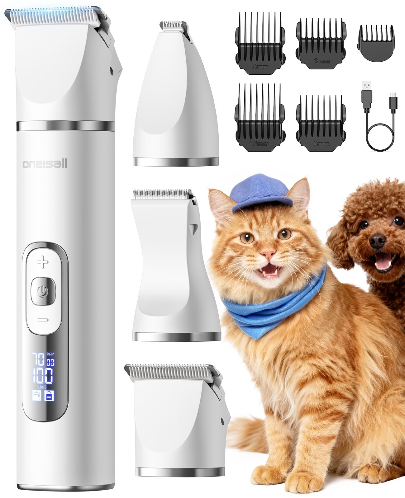 oneisall 3in1 Schermaschine für Katzen & Hunde – Profi-Haarschneider mit LCD & IPX7
