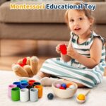 Montessori Holz Sortier- und Stapelspielzeug mit 12 Regenbogenkugeln – Feinmotorik für Kinder ab 2 Jahren – Bild 2