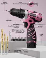 FAHEFANA 12V Akkuschrauber Pink – Bohrschrauber-Set mit 15 Zubehör & Tasche – Bild 5