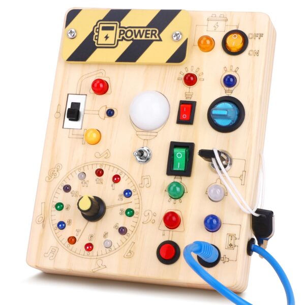 Hoarosall Montessori Aktivitätsbrett mit Uhr – 10 LED-Schalter Sensorikspielzeug ab 1 Jahr