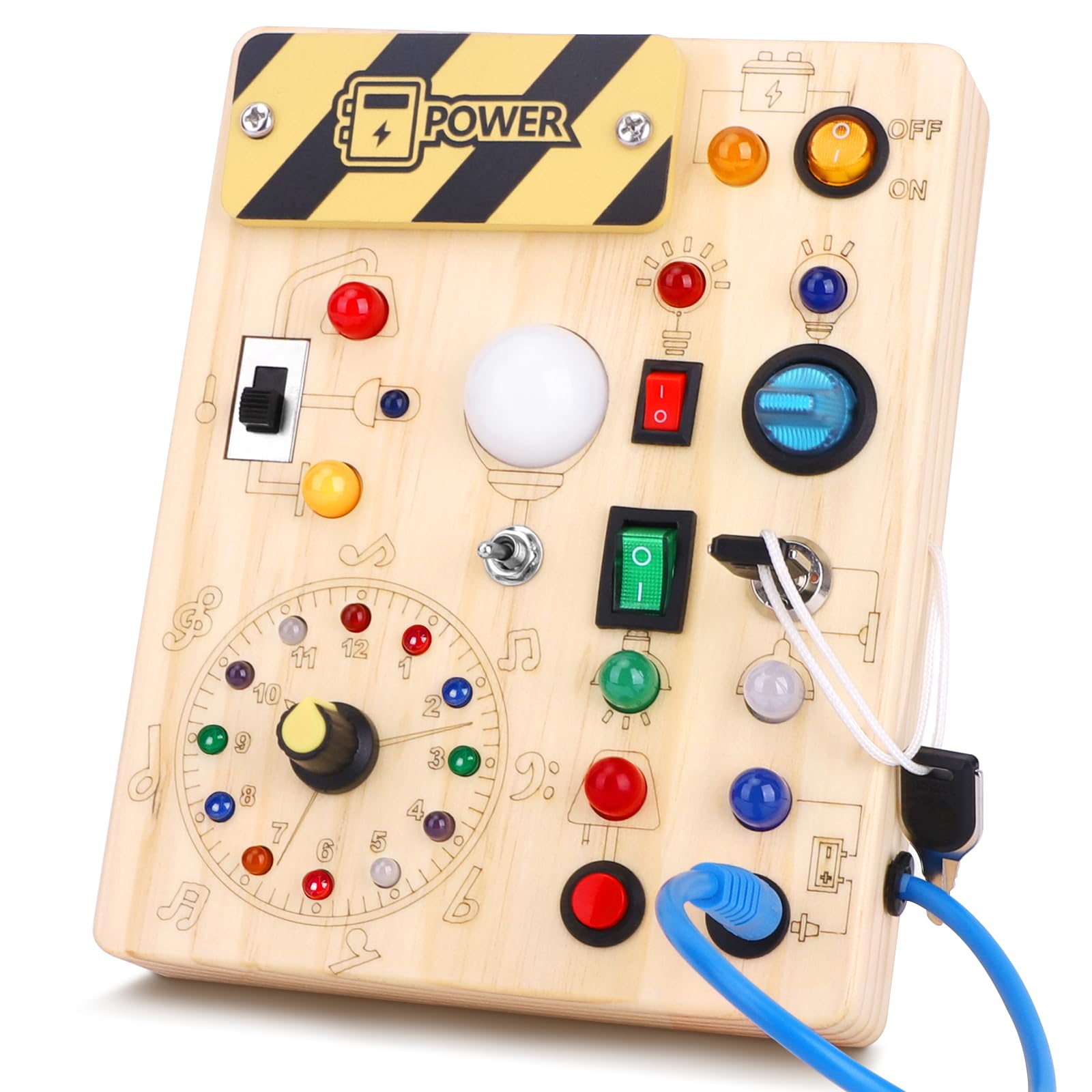 Hoarosall Montessori Aktivitätsbrett mit Uhr – 10 LED-Schalter Sensorikspielzeug ab 1 Jahr