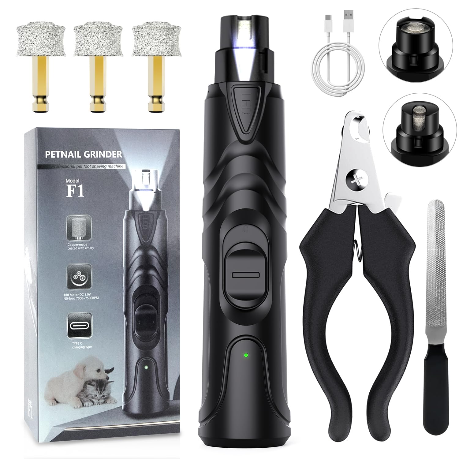ETENTOUS Krallenschleifer für Hunde – Elektrisch mit LED-Licht & 3 Schleifaufsätzen