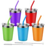 Hikrxya 5er Set Edelstahl Trinkbecher 350 ml mit Deckel & Silikonstrohhalmen – Auslaufsicher & Wiederverwendbar