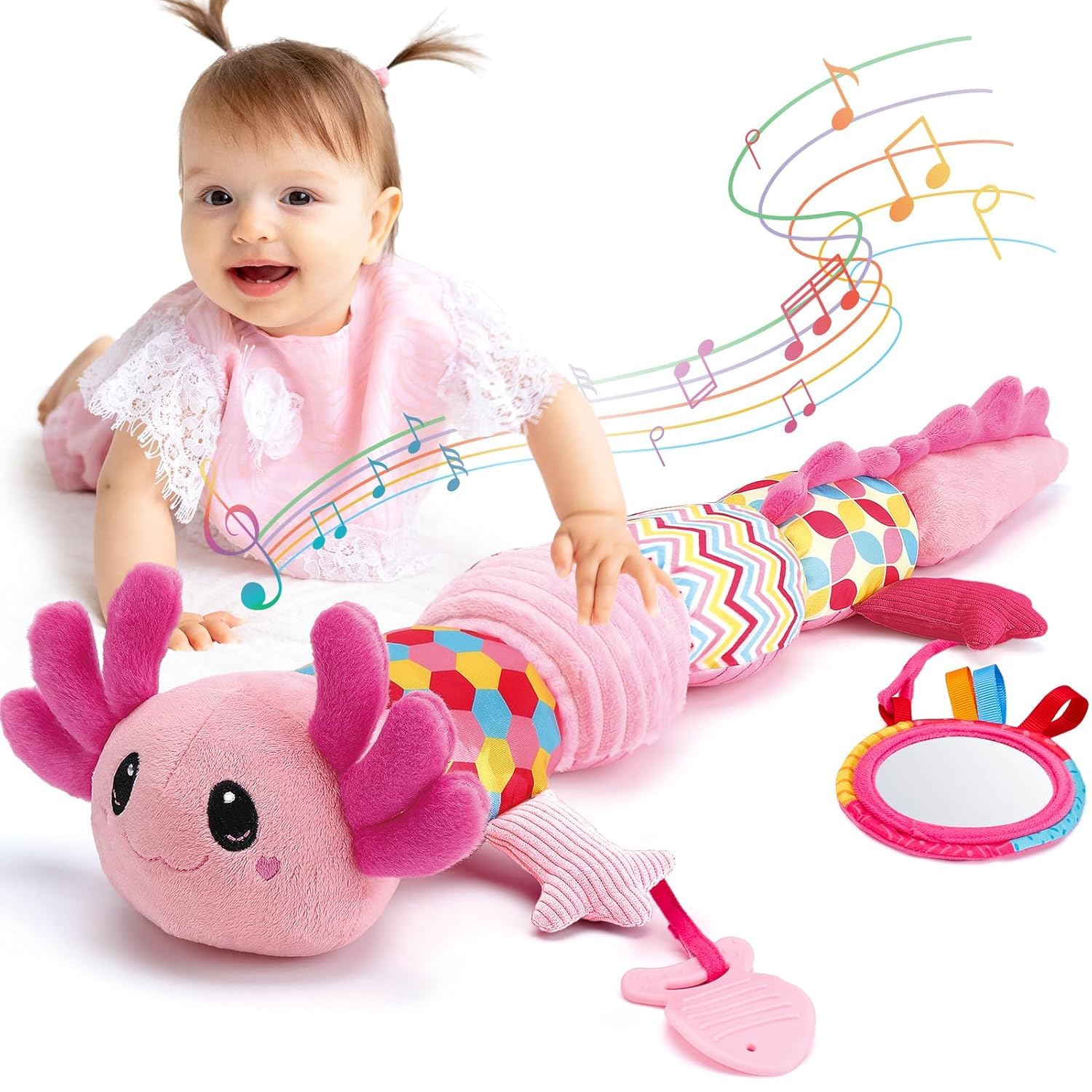 hahaland Axolotl Sensorik Spielzeug 0-6 Monate – 5-in-1 Musikspielzeug mit Beissring & Spiegel