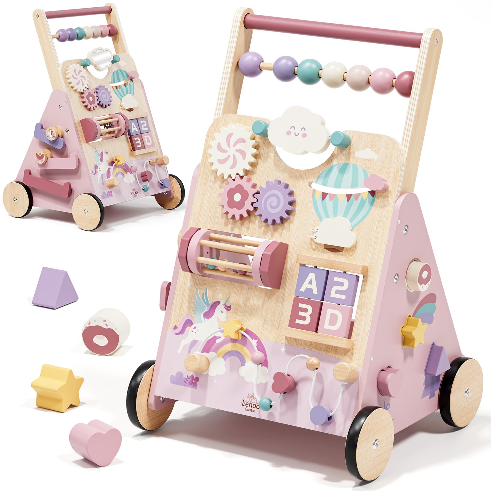 Lehoo Castle Holz-Lauflernwagen Einhorn – 10-in-1 Activity Center mit Tempo-Regelung