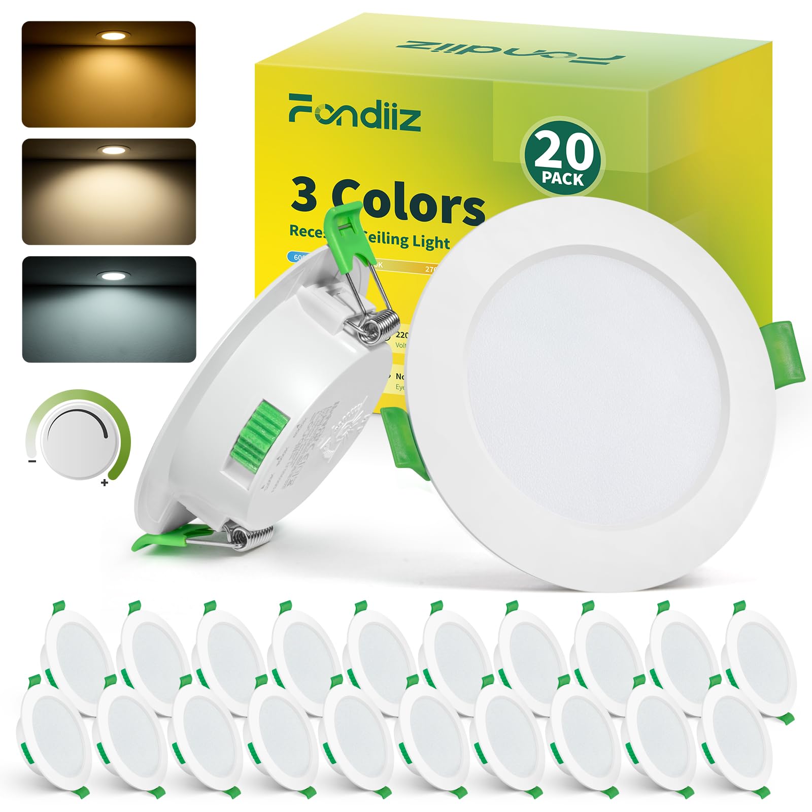 Fondiiz 20er Set LED Einbaustrahler 230V – Dimmbar mit 3 Farbtemperaturen, IP44