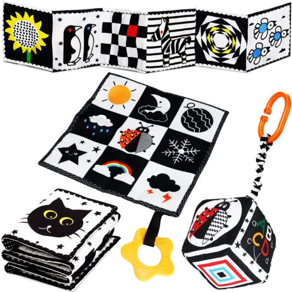 Jiosdo 3er Set Kontrastspielzeug 0-12 Monate – Sensorisches Babybuch mit Knistermatte für visuelle Entwicklung