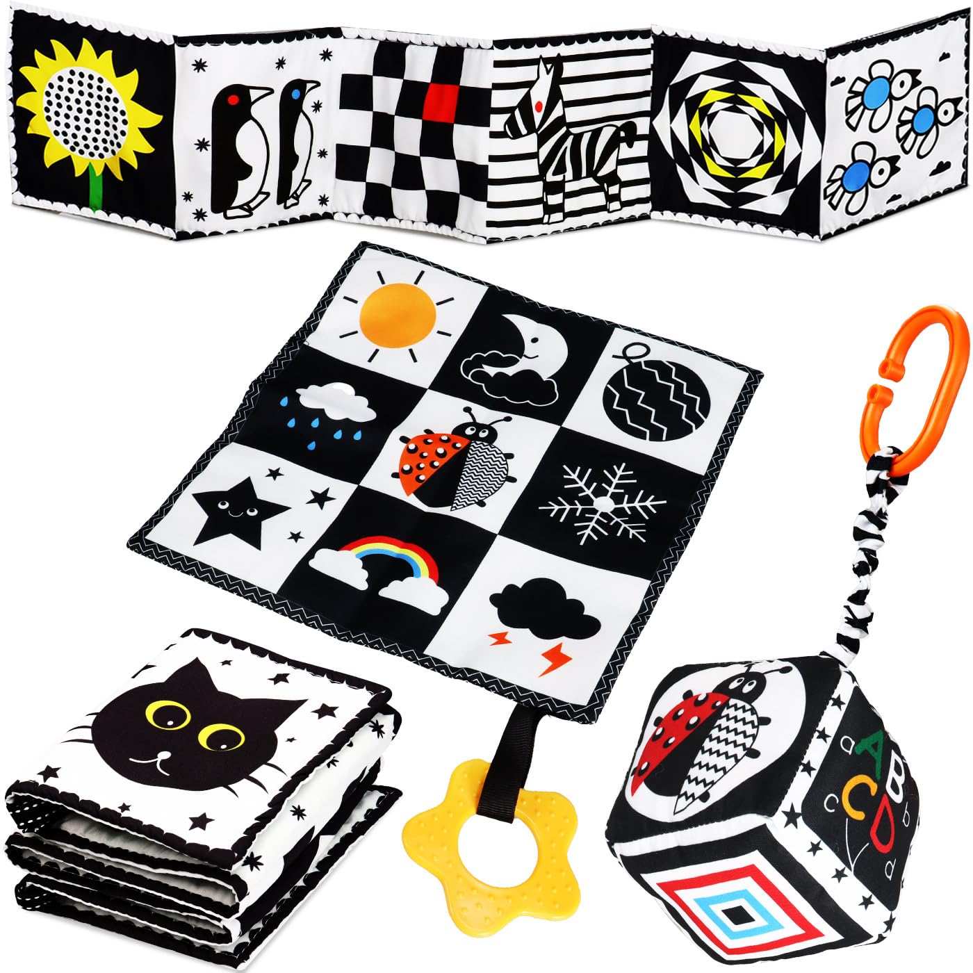 Jiosdo 3er Set Kontrastspielzeug 0-12 Monate – Sensorisches Babybuch mit Knistermatte für visuelle Entwicklung