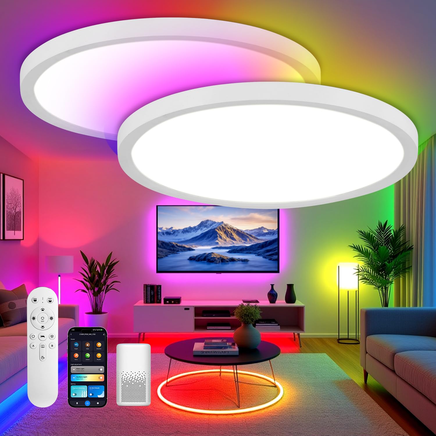 Ikodm 2x 24W Smart Deckenleuchte RGBW – Sprachsteuerung & Farbwechsel für Schlaf- & Badezimmer