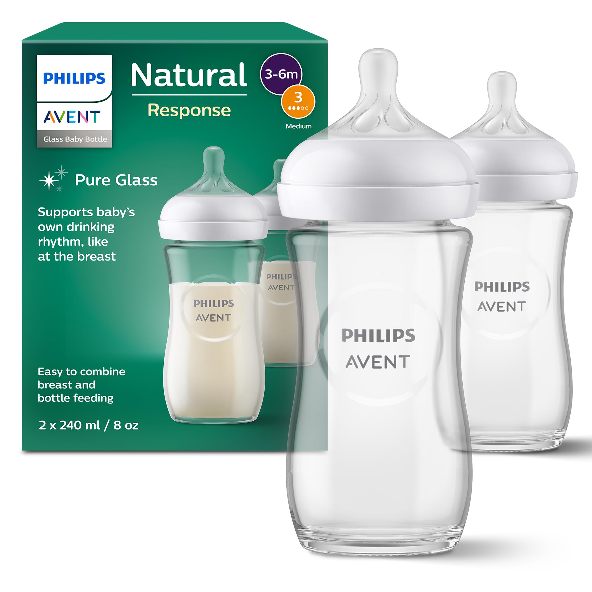 Philips AVENT Natural Response Glas-Babyflasche 2 x 240 ml – Stillfreundlich für 3–6 Monate