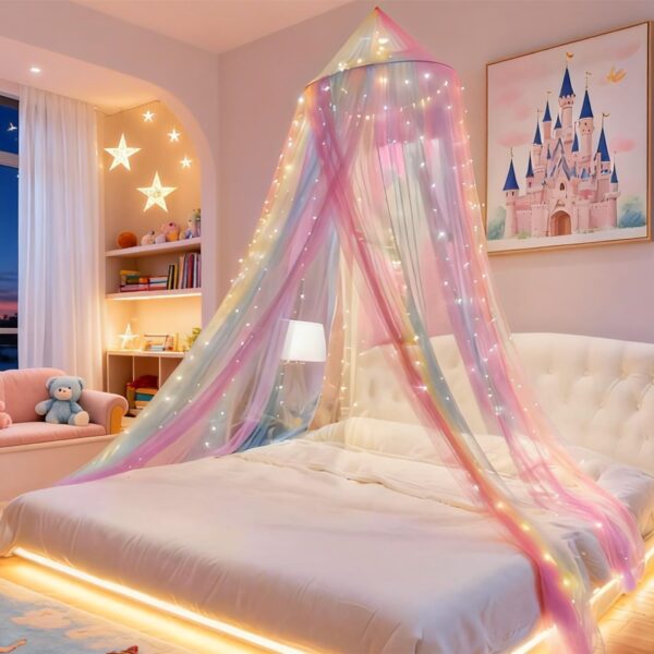 Eimilaly Prinzessin Regenbogen Betthimmel mit 250er Lichtervorhang – Kinderzimmer Dekoration