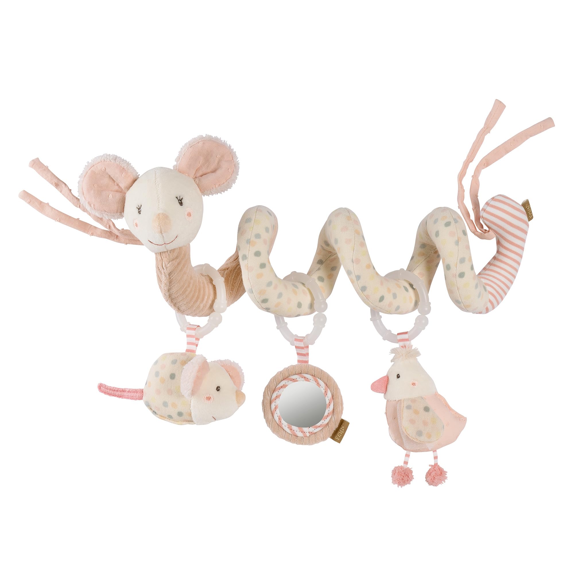 Fehn Activity-Spirale Maus – Motorikspielzeug mit Rassel & Spiegel für Babys ab Geburt
