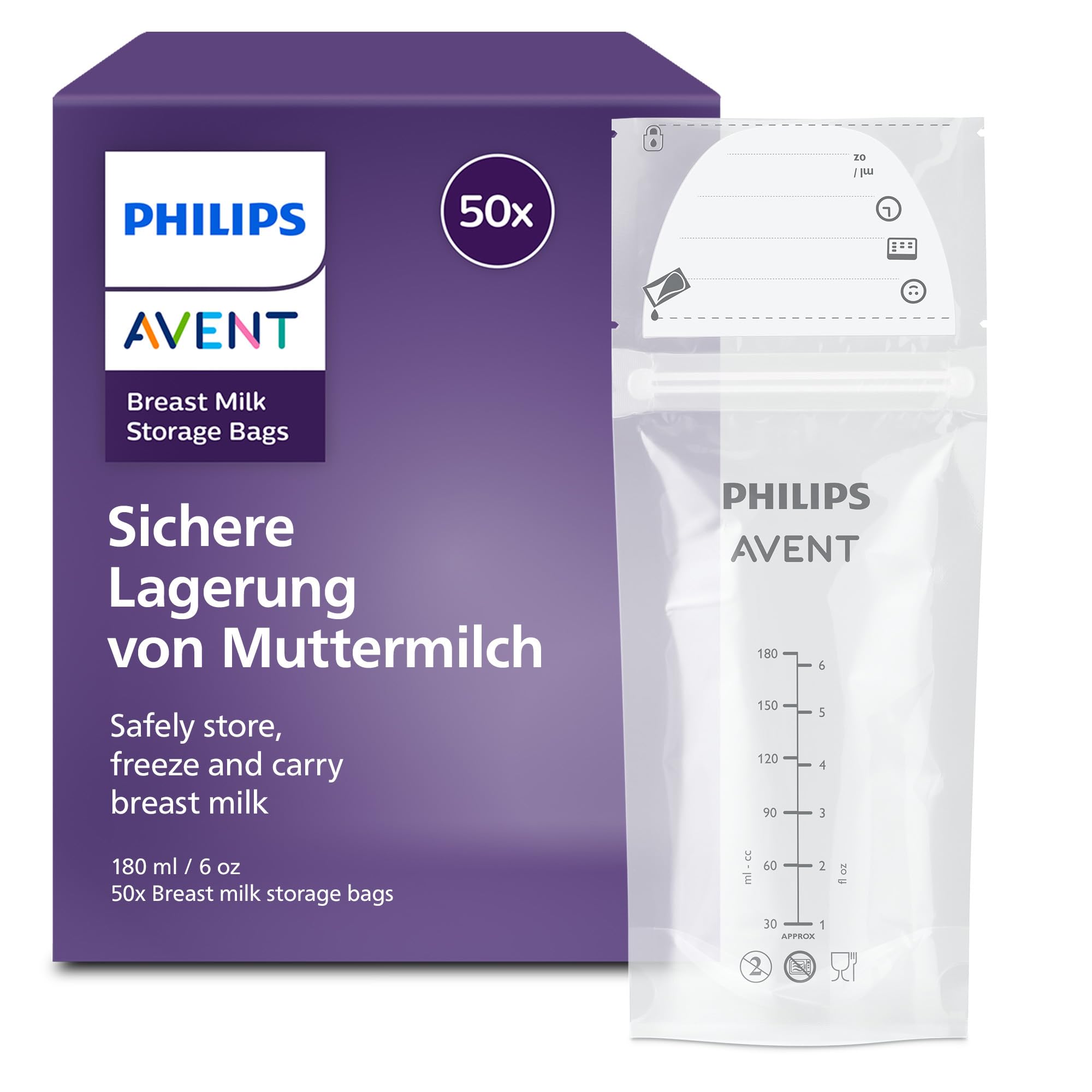 Philips Avent Muttermilchbeutel 180 ml – 50 vorsterilisierte BPA-freie Lagerbeutel