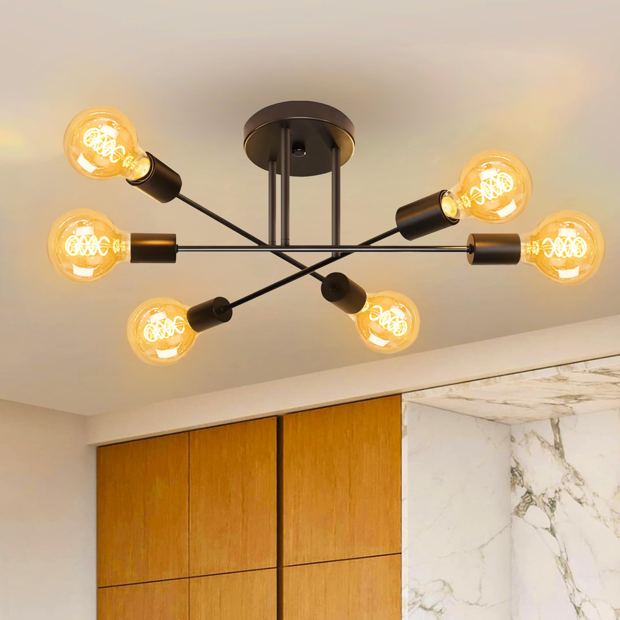 KANQIAO 6-flammige Deckenlampe Schwarz E27 – Vintage Deckenleuchte für Wohnzimmer & Esszimmer