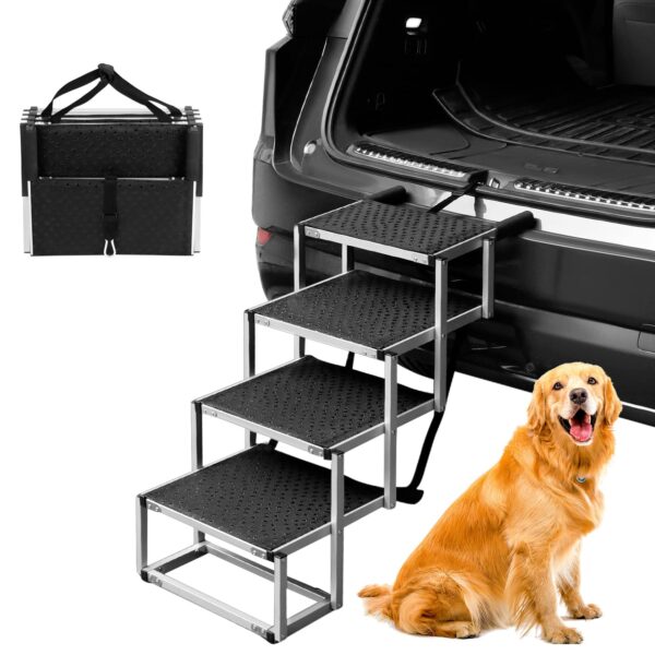 QWORK Klappbare Hundetreppe 64 cm mit 4 Stufen – Rutschfeste Einstiegshilfe bis 80 kg